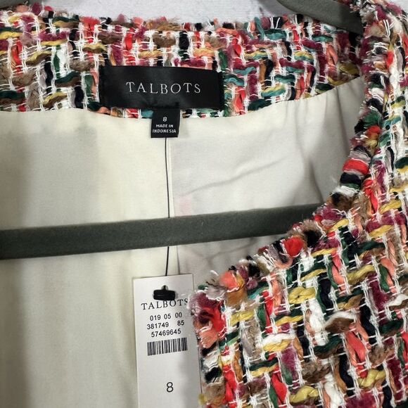 NWT Talbots Candy Tweed Fringe Topper Open Jacket Coat Women 8 Red Multi Pockets - Picture 9 of 13